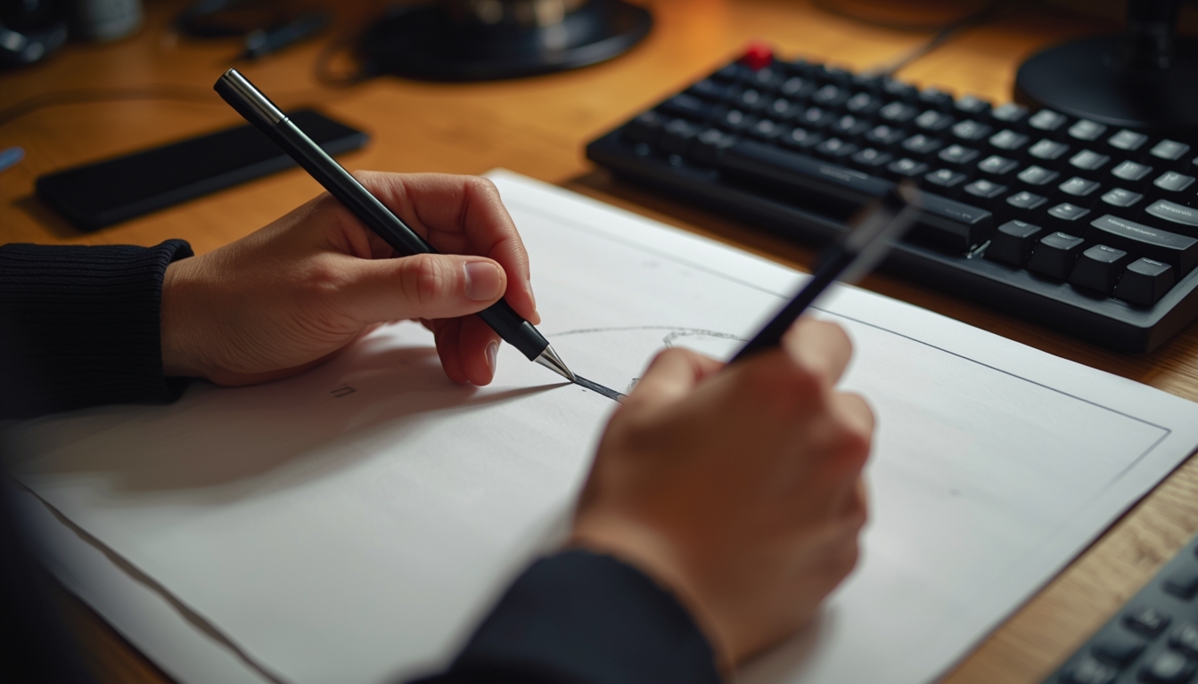 Close view of hands sketching pause timing arcs on paper beside a keyboard