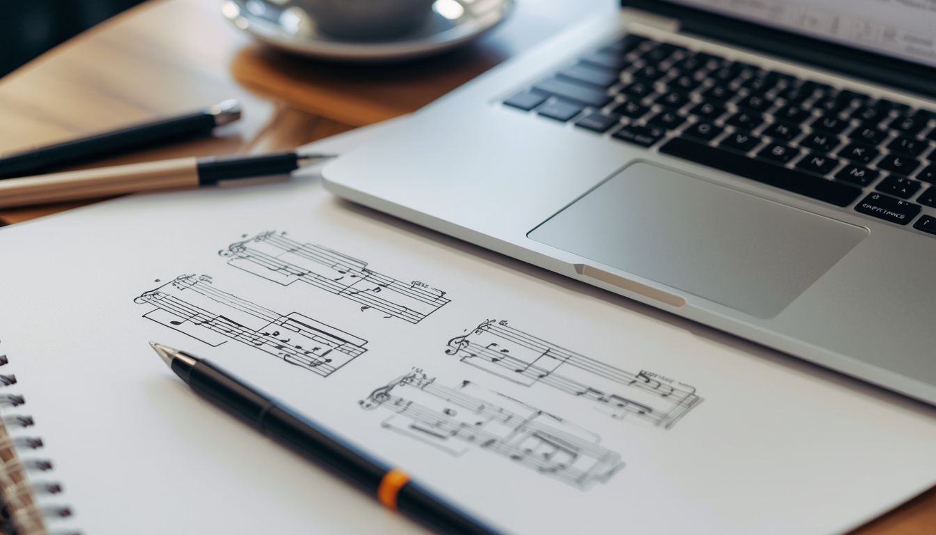 Desk rhythm concepts sketched beside a laptop during a focus audit